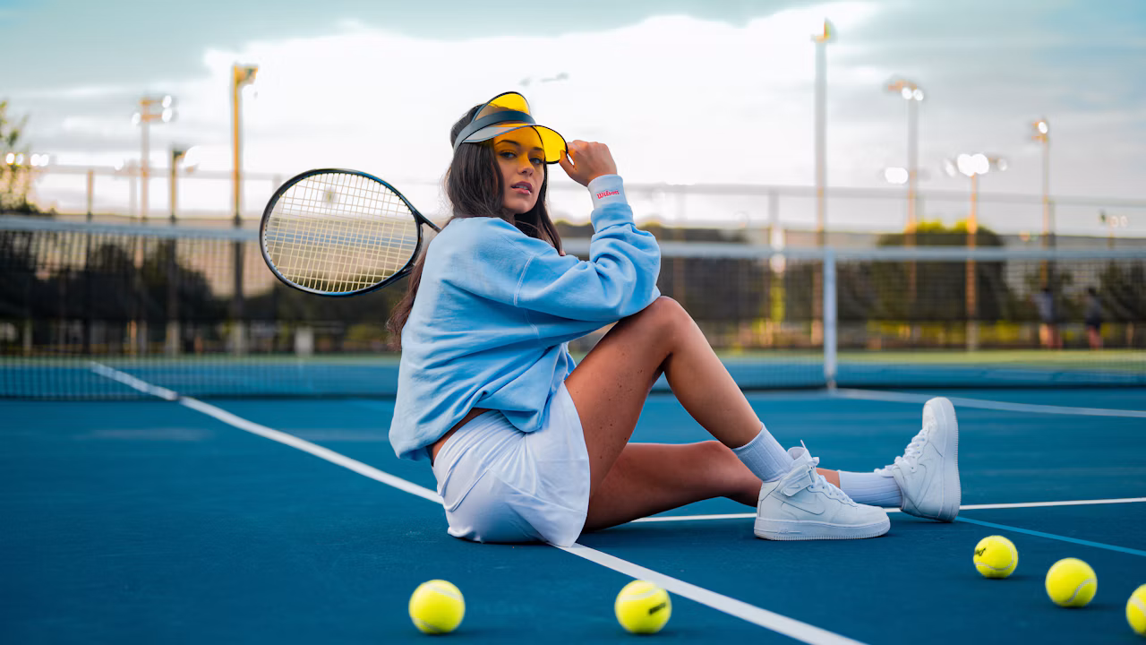 Illustrative tennis-court image; not a photograph of Harriet Dart or the Osaka match.