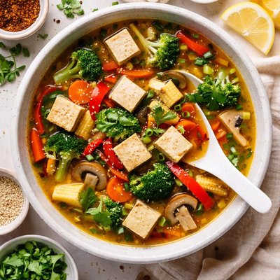 A prepared serving of vegetable and tofu soup