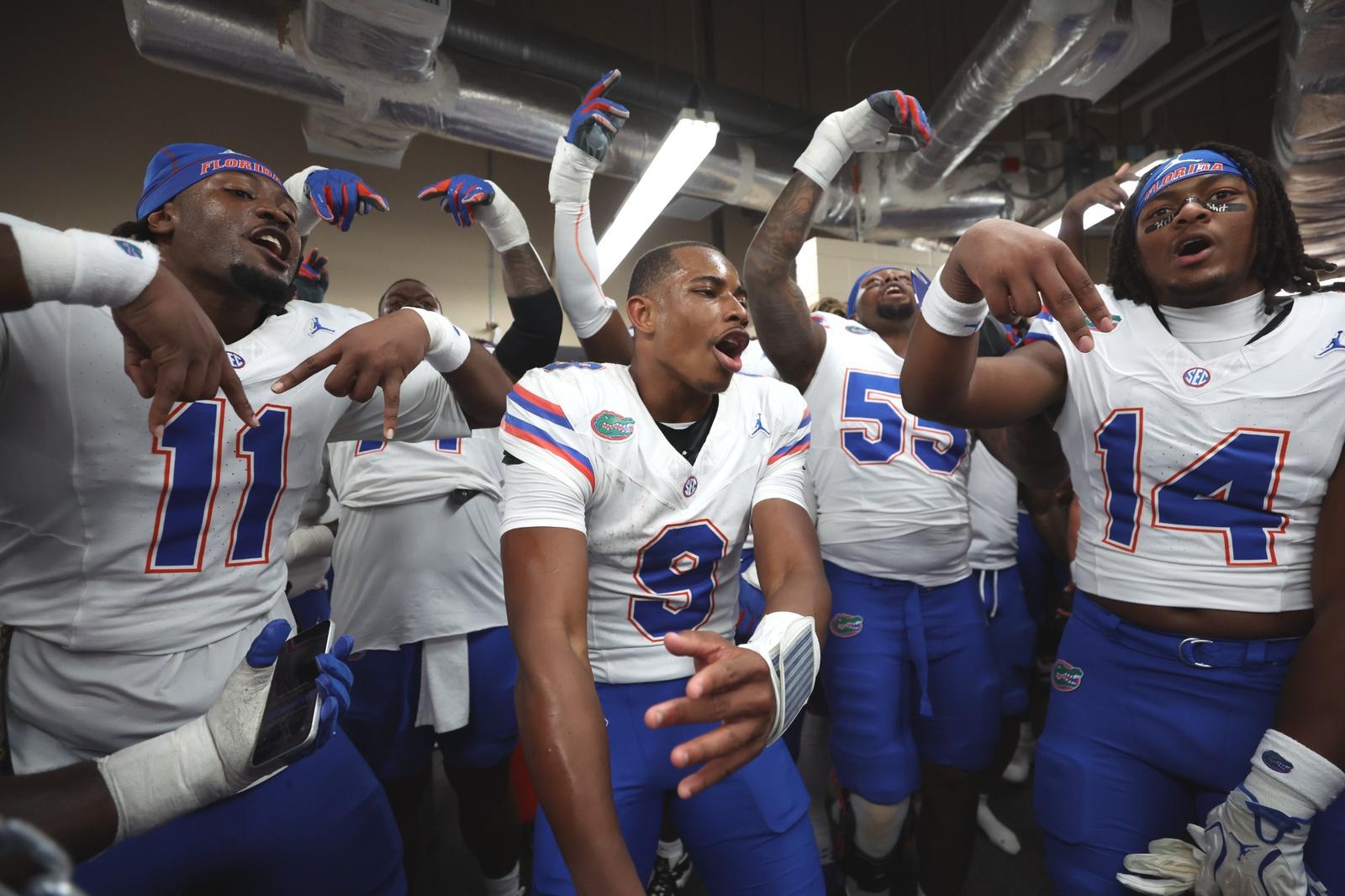 Florida players celebrate their upset victory over Texas