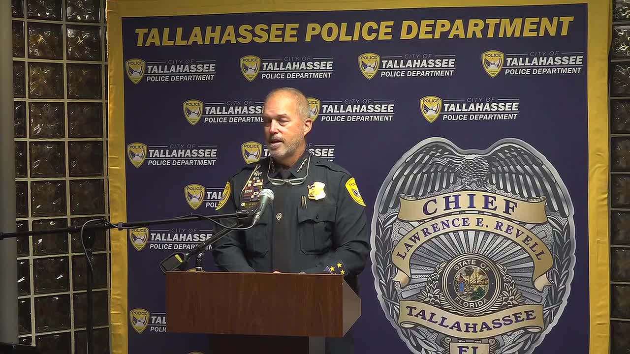 Tallahassee Police Chief Lawrence Revell speaks at a podium during a briefing on the Perry Street shooting