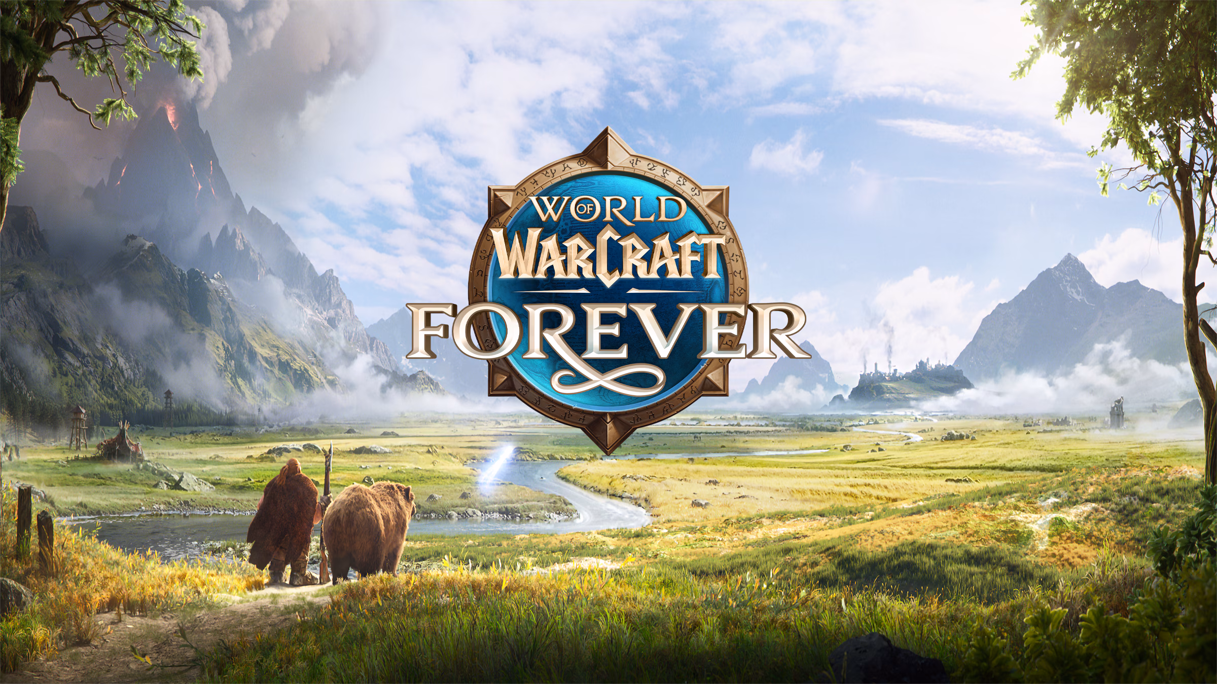 Official World of Warcraft: Forever key art showing the game logo over a grassy river valley, with a cloaked dwarf and a bear walking toward distant mountains.
