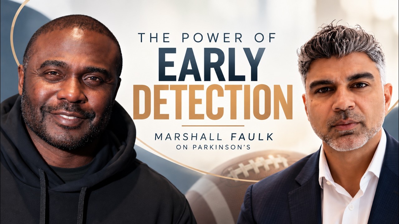 Marshall Faulk speaking with neurologist Sandeep Thakkar during The Caring Neurologist podcast