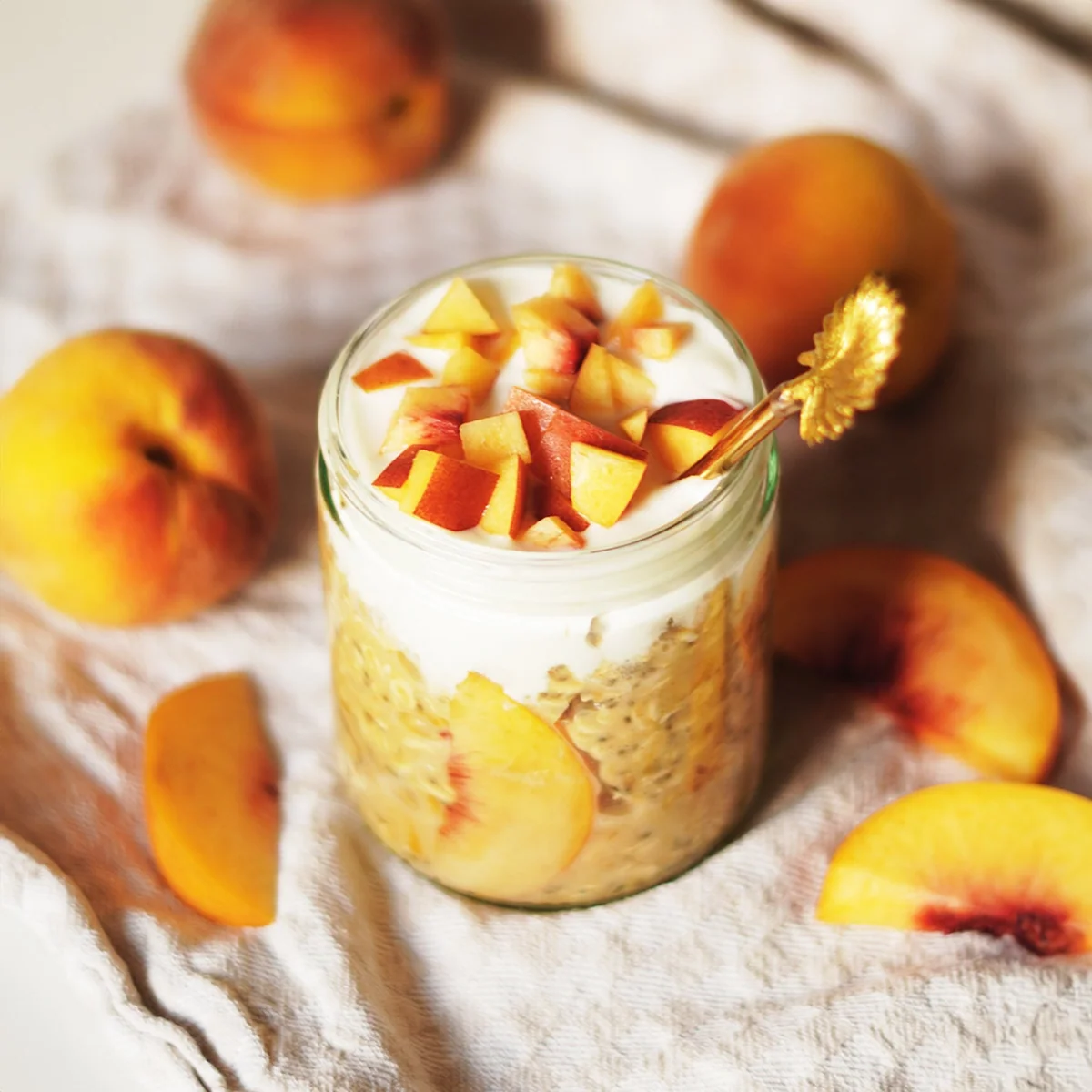 A prepared serving of peaches and cream overnight oats
