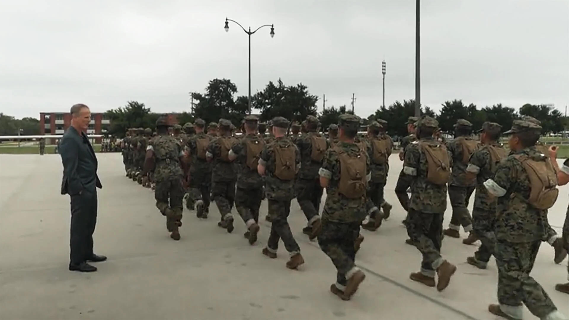 Director Peter Berg observes Marine recruits during training at Parris Island.