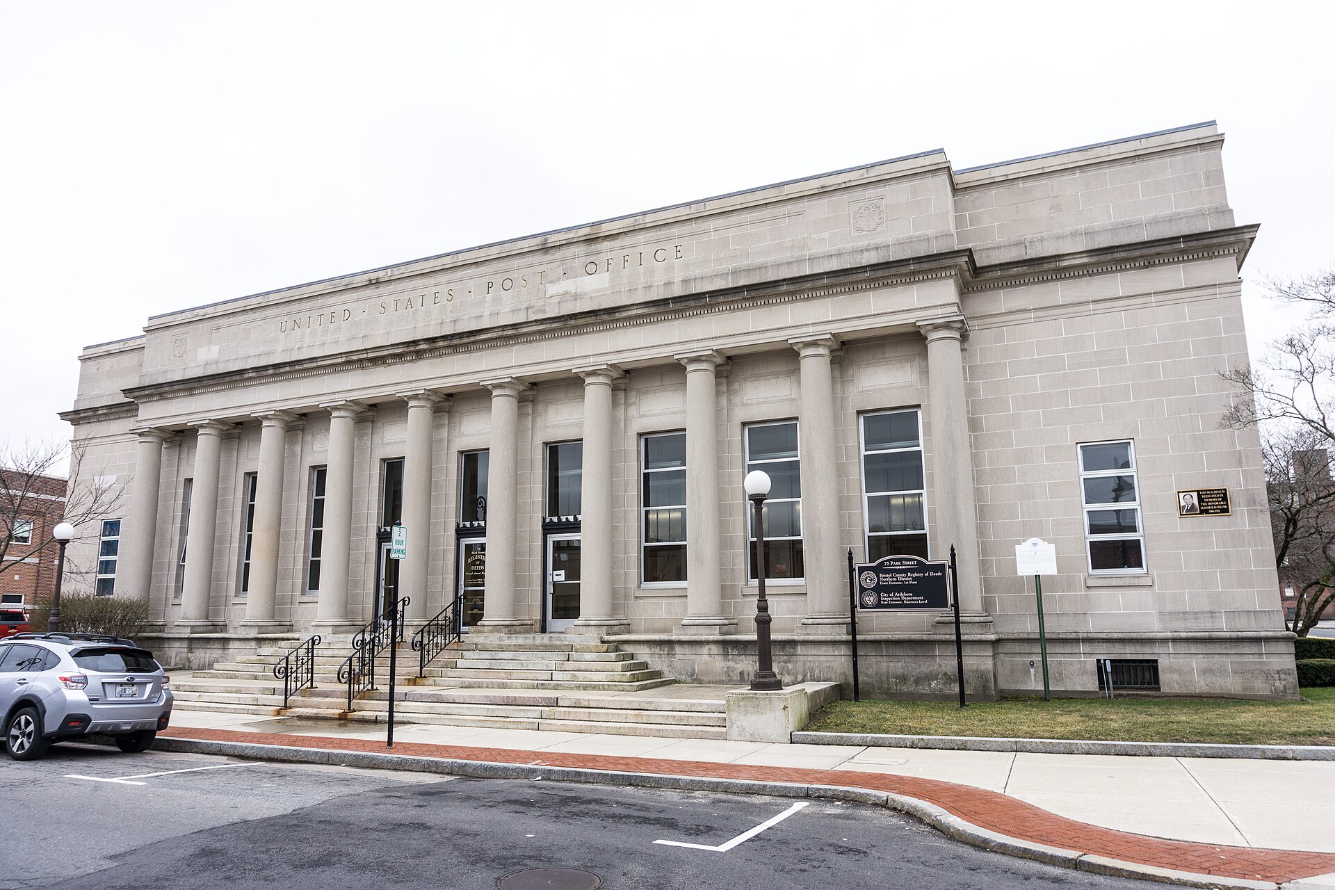 The former U.S. Post Office building in Attleboro, Massachusetts, a brick civic building in the city where the couple lived
