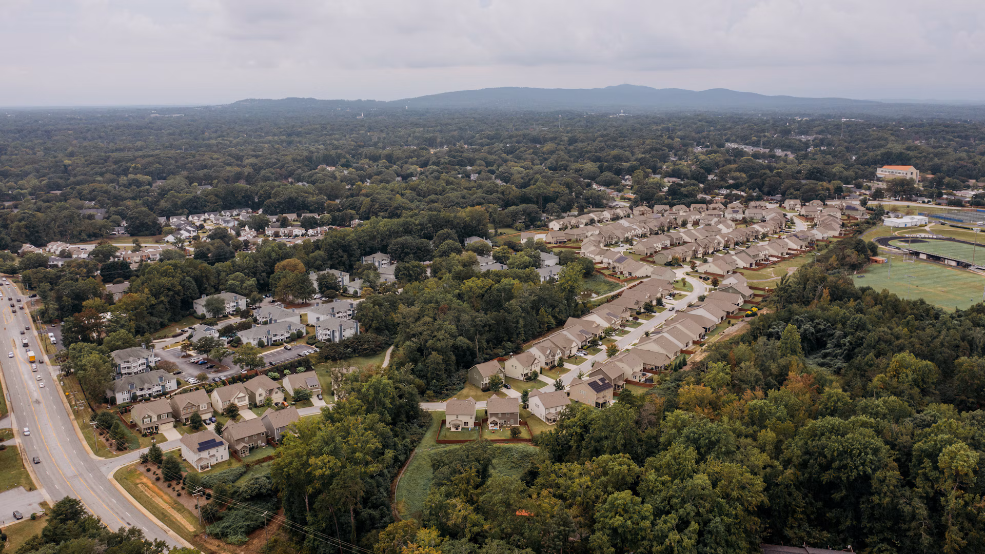 Aerial view of a tree-lined suburban neighborhood in South Carolina