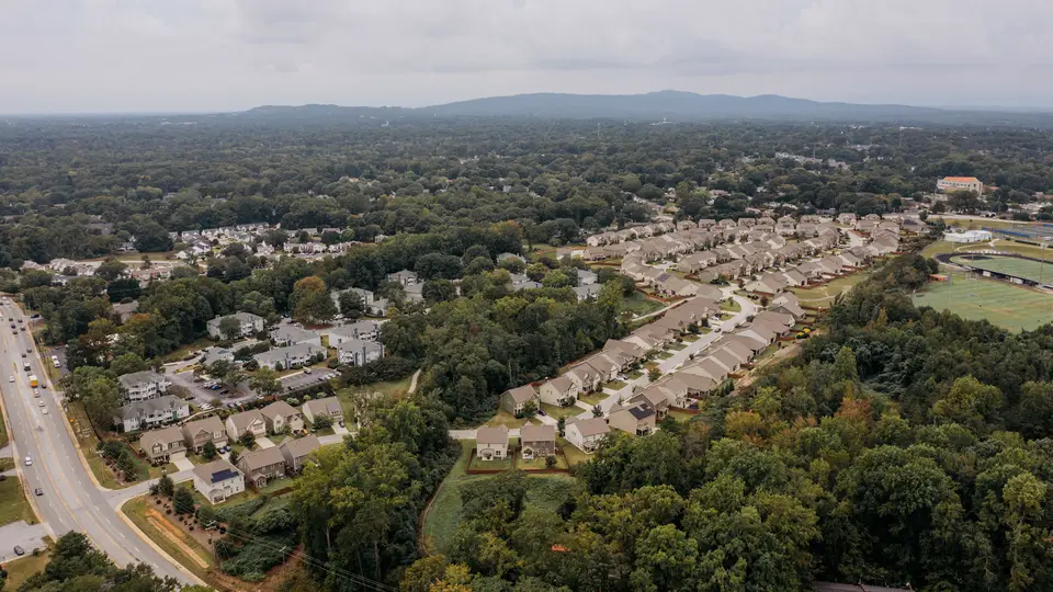 Aerial view of a tree-lined suburban neighborhood in South Carolina