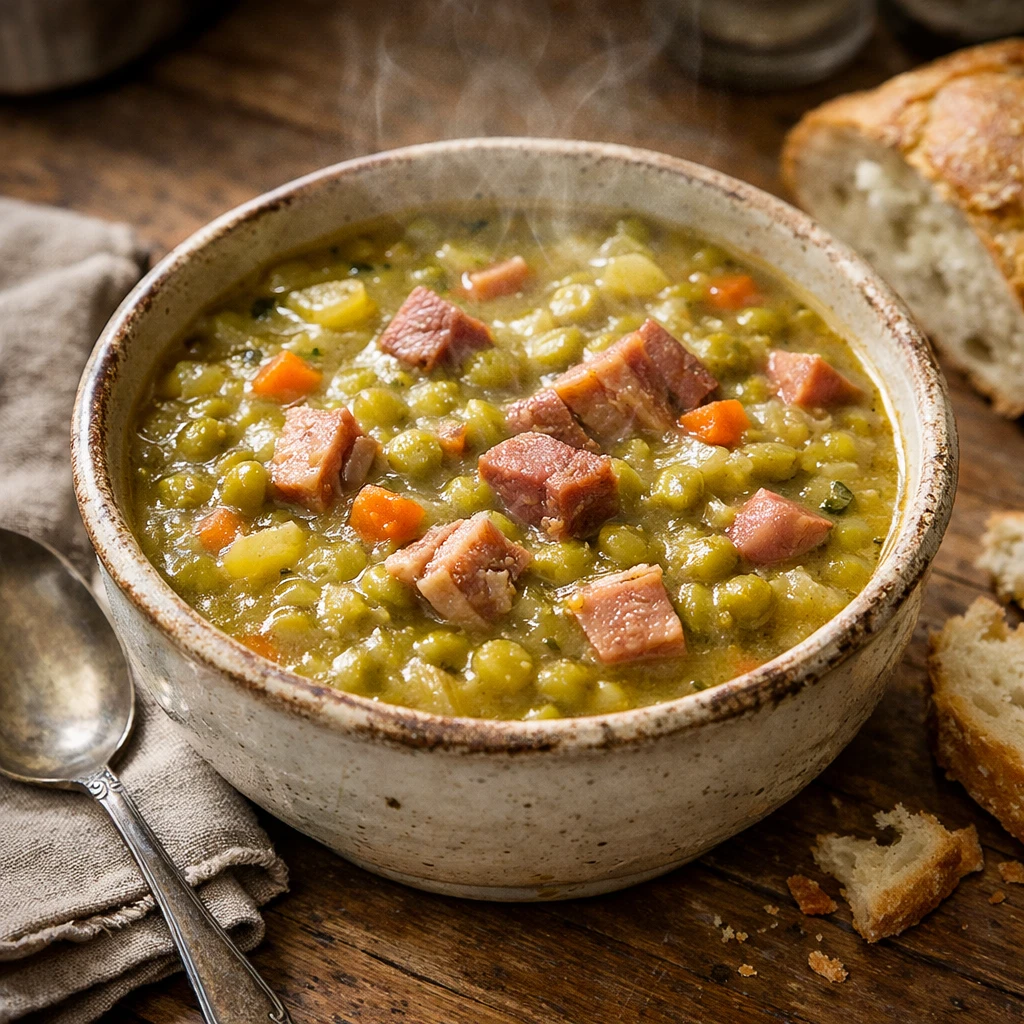 A prepared serving of split pea soup with lean ham