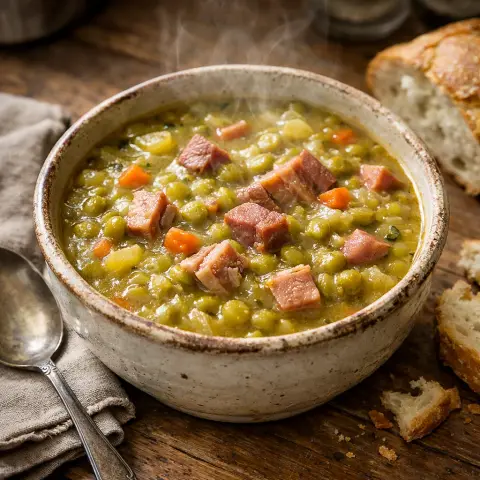 A prepared serving of split pea soup with lean ham