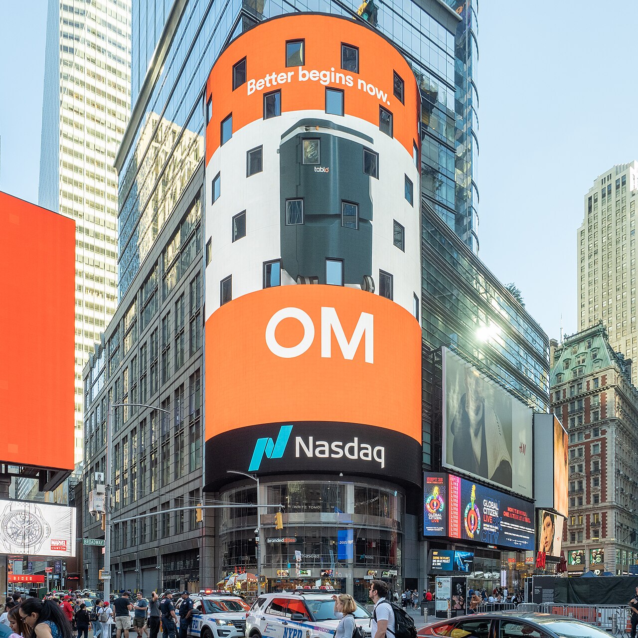 The Nasdaq MarketSite building and its illuminated tower display at Times Square in New York