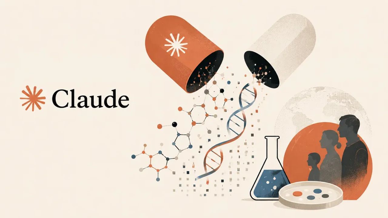 An illustration shows a capsule, DNA helix and laboratory tools representing AI-assisted drug research.