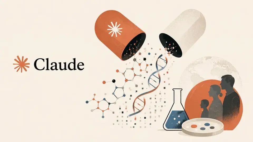 An illustration shows a capsule, DNA helix and laboratory tools representing AI-assisted drug research.
