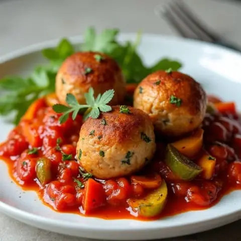 A prepared serving of turkey and vegetable meatballs with marinara