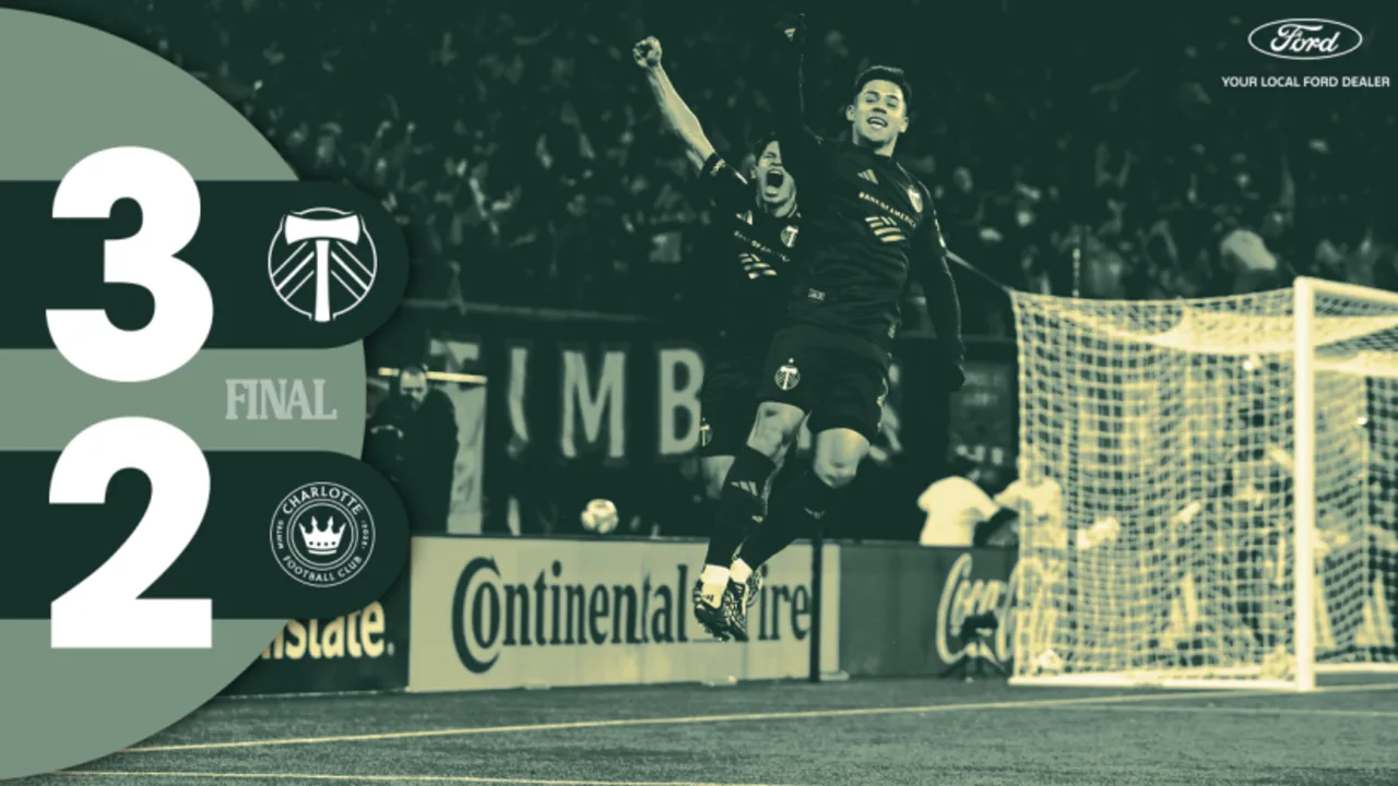 Portland Timbers players celebrate their 3-2 win over Charlotte FC in an official match graphic showing the final score.