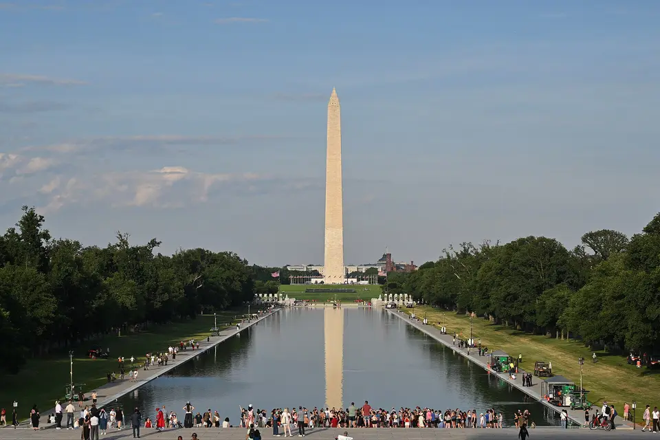 File photo: the Washington Monument reflected in the Lincoln Memorial Reflecting Pool after its 2026 restoration, taken June 17, 2026