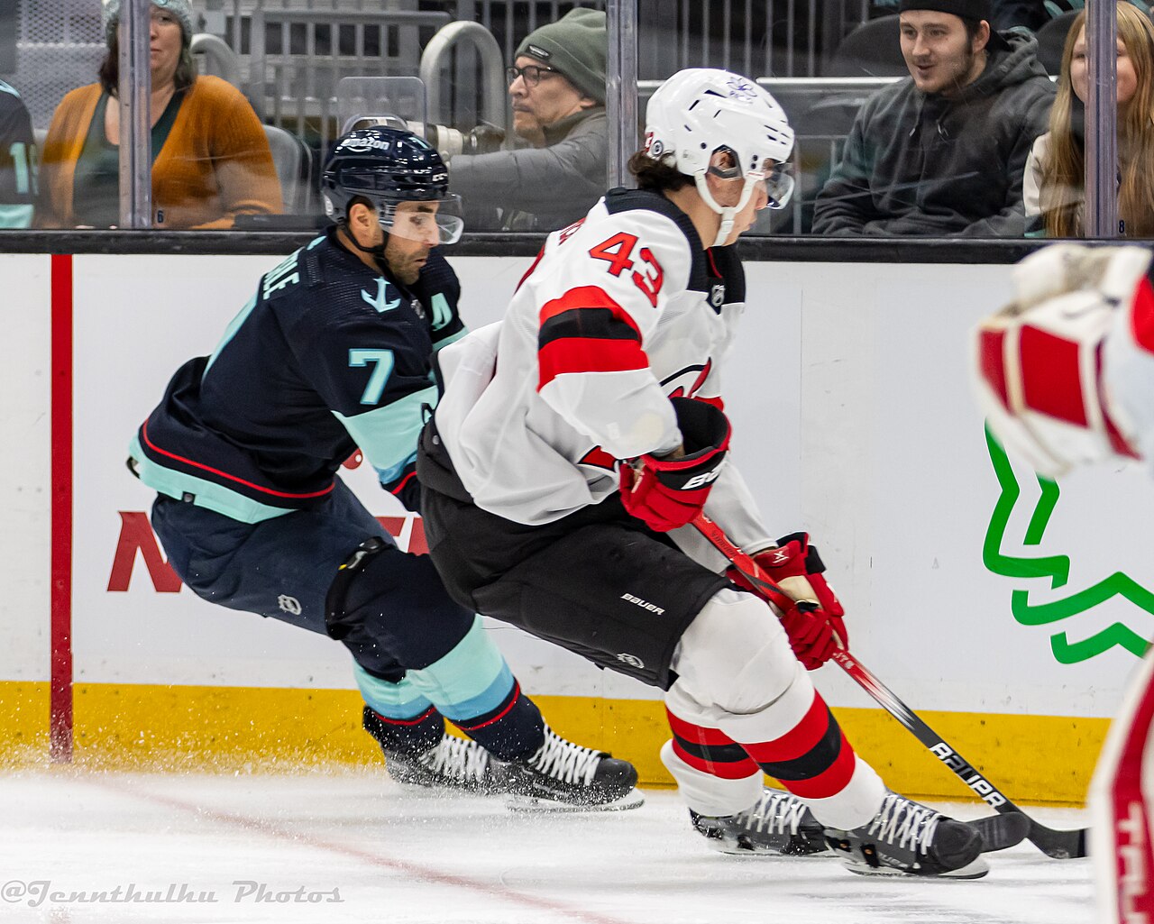 New Jersey Devils defenseman Luke Hughes skating during a 2023 game against the Seattle Kraken (file photo, not from the Rangers game)