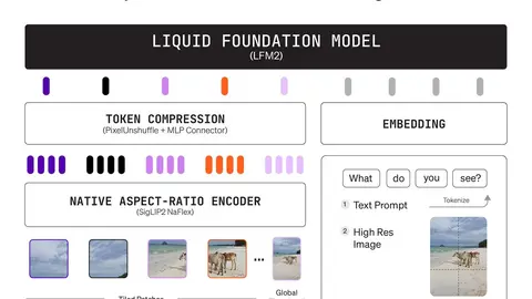 A Liquid AI architecture diagram shows how text and image inputs flow through a compact multimodal model.