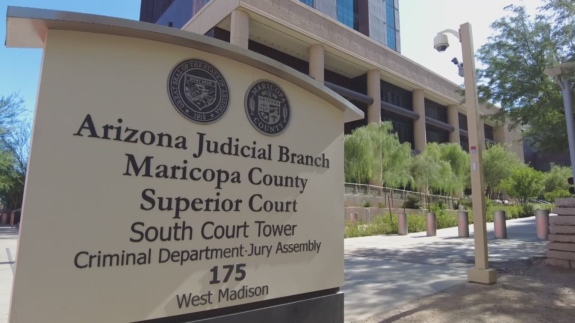 Sign outside the Maricopa County Superior Court South Court Tower in Phoenix