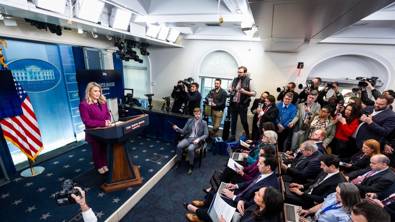Illustrative 2025 file photo: then-White House press secretary Karoline Leavitt speaks from the briefing-room lectern; Nicki Minaj is not pictured.