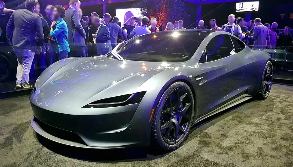 A Tesla Roadster prototype on display