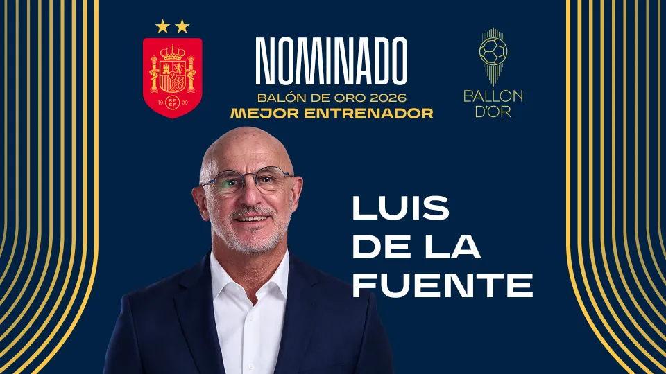 Luis de la Fuente in a navy suit on the RFEF’s 2026 Ballon d’Or best-coach graphic