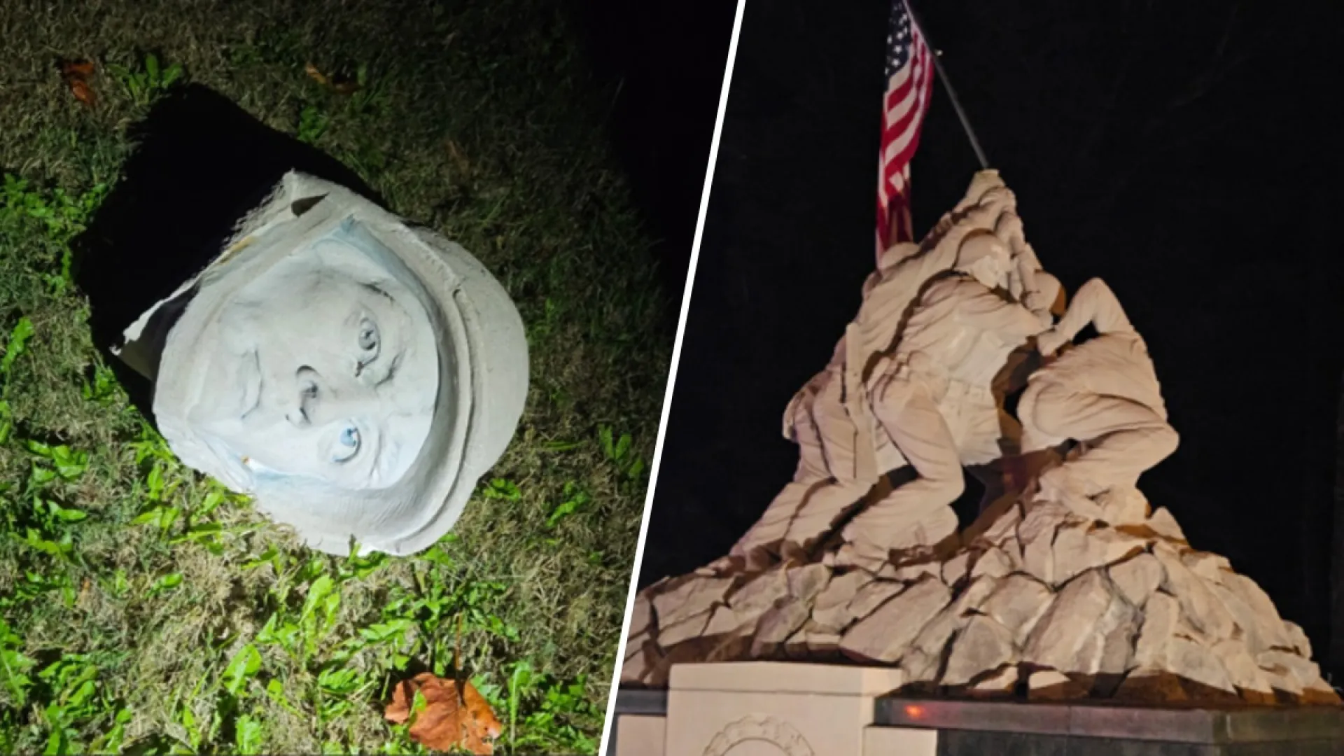 Composite showing the detached limestone head and the damaged Quantico Iwo Jima monument