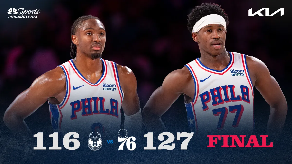 V.J. Edgecombe in a white Philadelphia 76ers uniform beside the final score graphic after Philadelphia beat Milwaukee 127-116 on Oct. 24.