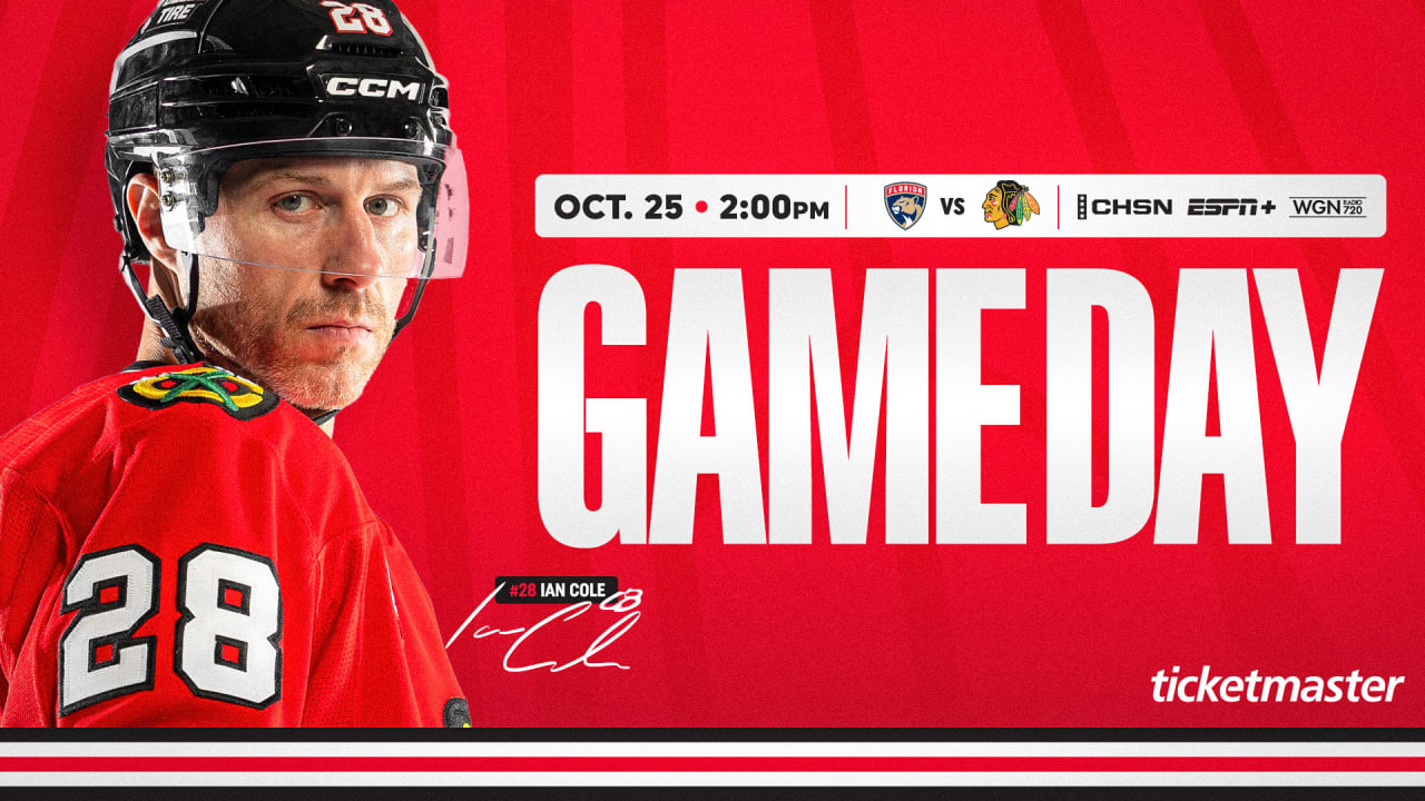 Blackhawks defenseman Ian Cole featured in Chicago’s game-day graphic for its Oct. 25 matchup against Florida