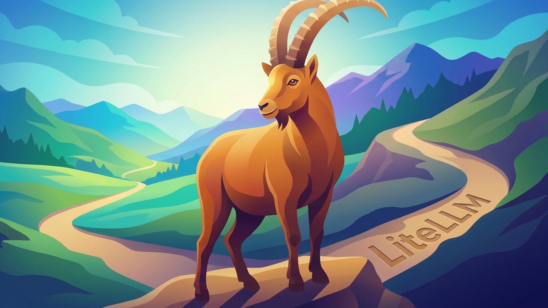 Datadog Security Labs illustration of a mountain goat standing at a fork in mountain paths, one labeled LiteLLM.