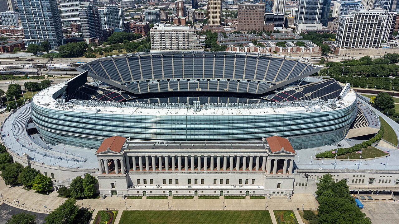 Soldier Field in Chicago viewed from the east with the city skyline beyond the stadium.