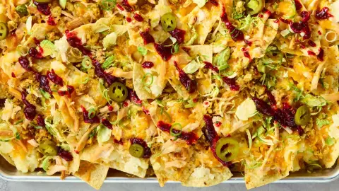 loaded thanksgiving leftover nachos as a finished dish ready to serve.