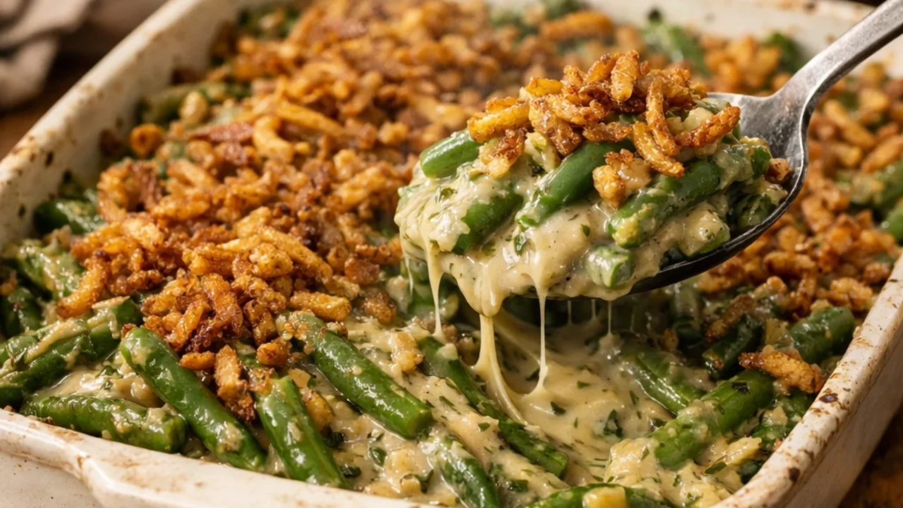 Green Bean Casserole From Scratch as a finished dish ready to serve.