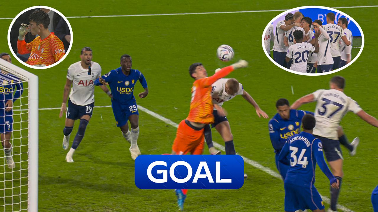 Tottenham's Mathys Tel scores against Chelsea during the Premier League match at Stamford Bridge on Oct. 24, 2026.