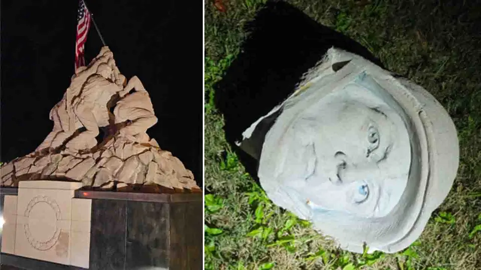 Police-provided photographs show the smaller limestone Iwo Jima statue near Quantico and a detached sculpted head on grass; not the Arlington bronze memorial.