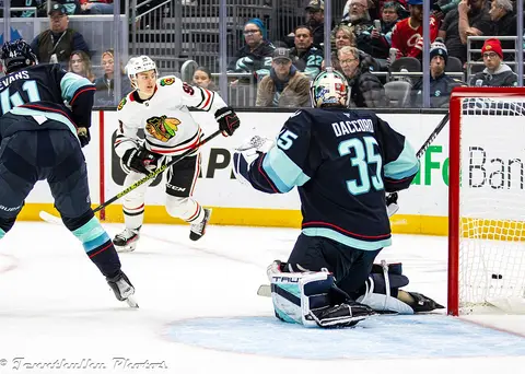 Chicago Blackhawks center Connor Bedard on the ice during a game against the Seattle Kraken in November 2024