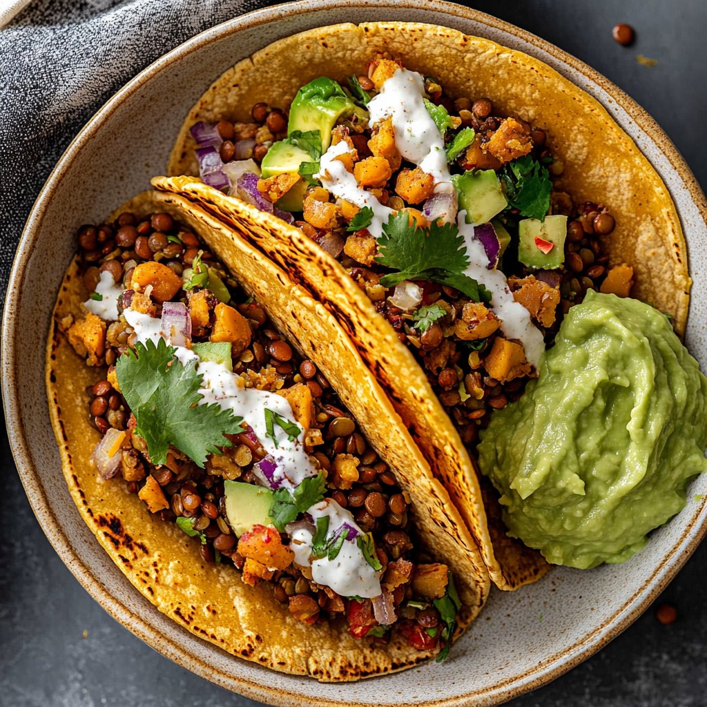 A prepared serving of lentil-walnut tacos