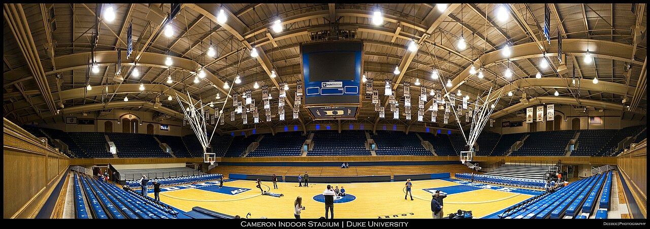 Wide view of the interior of Cameron Indoor Stadium, home of Duke basketball, in Durham, North Carolina