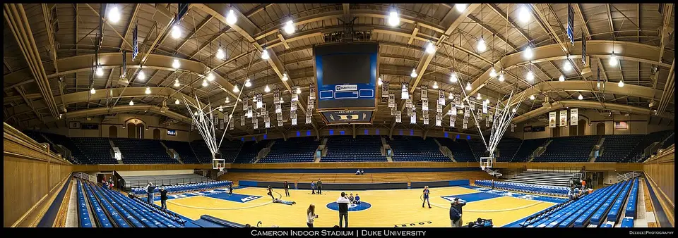 Wide view of the interior of Cameron Indoor Stadium, home of Duke basketball, in Durham, North Carolina