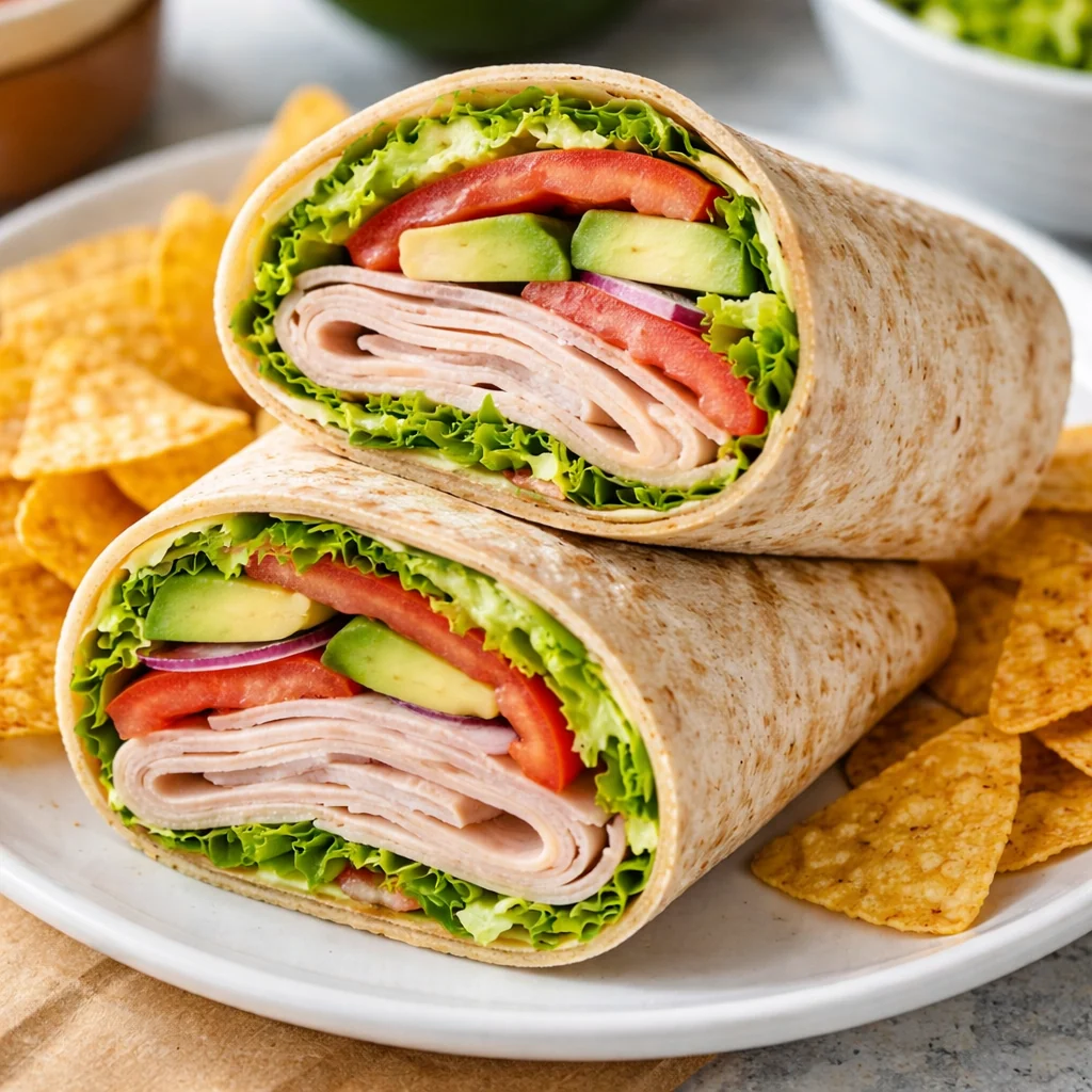 A prepared serving of turkey and avocado whole-grain wrap