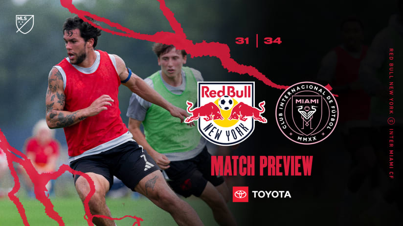 New York Red Bulls and Inter Miami match graphic featuring a Red Bulls player, Lionel Messi and Sports Illustrated Stadium